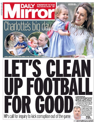 Daily Mirror Newspaper Front Page (UK) for 30 September 2016