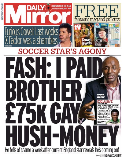 Daily Mirror Newspaper Front Page (UK) for 31 October 2015