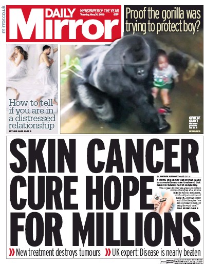 Daily Mirror Newspaper Front Page (UK) for 31 May 2016