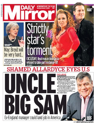 Daily Mirror Newspaper Front Page (UK) for 3 October 2016