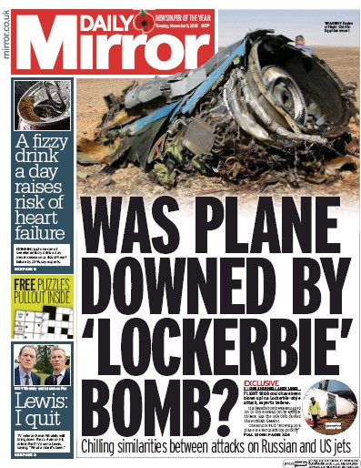 Daily Mirror Newspaper Front Page (UK) for 3 November 2015