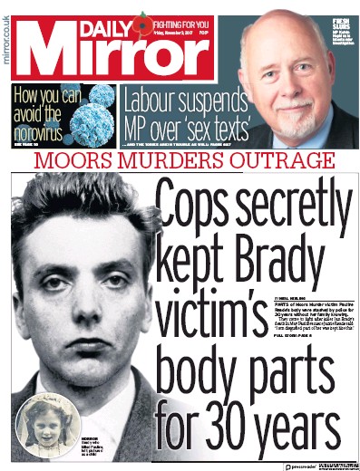Daily Mirror Newspaper Front Page (UK) for 3 November 2017