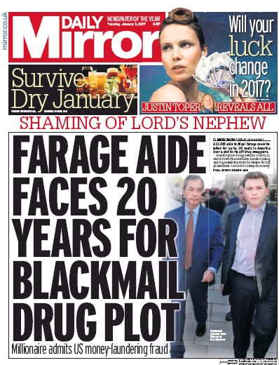 Daily Mirror Newspaper Front Page (UK) for 3 January 2017