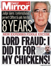 Daily Mirror Newspaper Front Page (UK) for 3 May 2014
