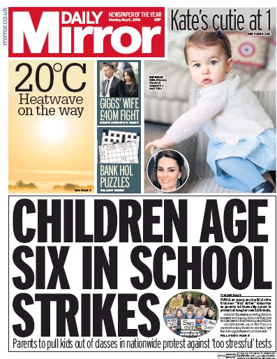 Daily Mirror Newspaper Front Page (UK) for 3 May 2016