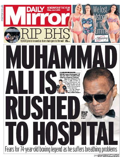 Daily Mirror Newspaper Front Page (UK) for 3 June 2016