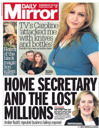Daily Mirror Newspaper Front Page (UK) for 4 October 2016