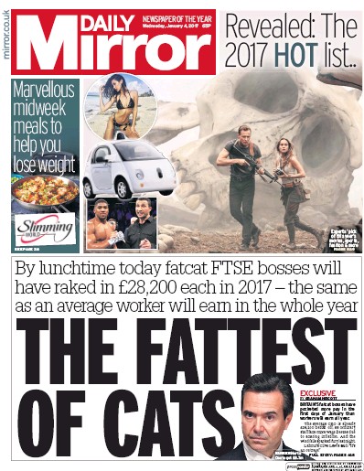 Daily Mirror Newspaper Front Page (UK) for 4 January 2017