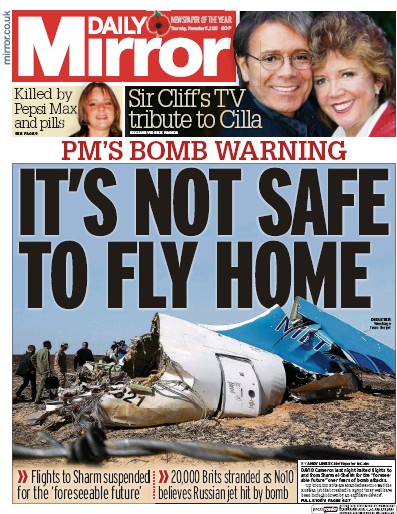 Daily Mirror Newspaper Front Page (UK) for 5 November 2015