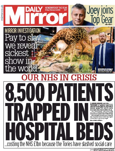 Daily Mirror Newspaper Front Page (UK) for 5 February 2016