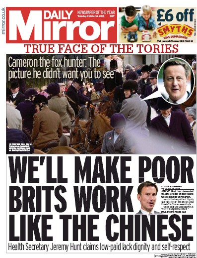 Daily Mirror Newspaper Front Page (UK) for 6 October 2015
