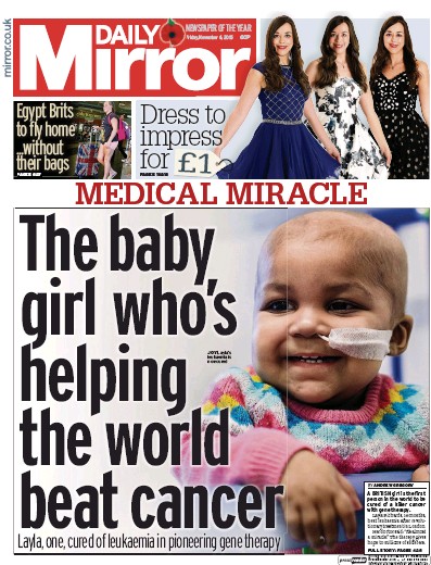 Daily Mirror Newspaper Front Page (UK) for 6 November 2015