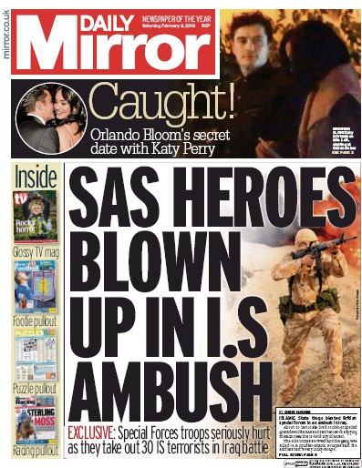 Daily Mirror Newspaper Front Page (UK) for 6 February 2016