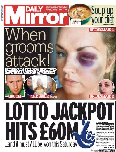 Daily Mirror Newspaper Front Page (UK) for 7 January 2016