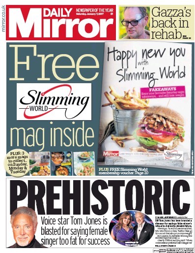 Daily Mirror Newspaper Front Page (UK) for 7 January 2017