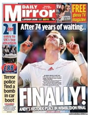 Daily Mirror Newspaper Front Page (UK) for 7 July 2012