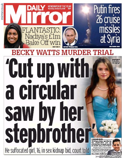 Daily Mirror Newspaper Front Page (UK) for 8 October 2015