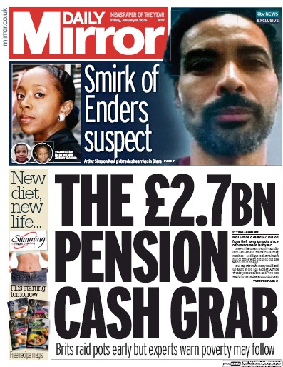 Daily Mirror Newspaper Front Page (UK) for 8 January 2016