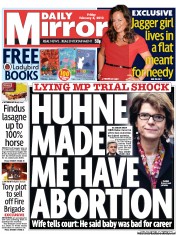 Daily Mirror Newspaper Front Page (UK) for 8 February 2013