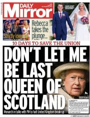 Daily Mirror Newspaper Front Page (UK) for 8 September 2014