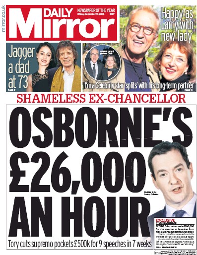 Daily Mirror Newspaper Front Page (UK) for 9 December 2016