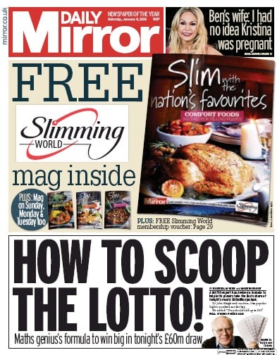 Daily Mirror Newspaper Front Page (UK) for 9 January 2016