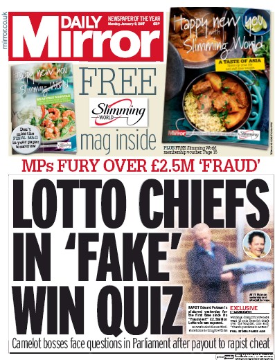 Daily Mirror Newspaper Front Page (UK) for 9 January 2017