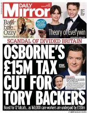 Daily Mirror (UK) Newspaper Front Page for 9 February 2015