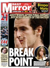 Daily Mirror Newspaper Front Page (UK) for 9 July 2012
