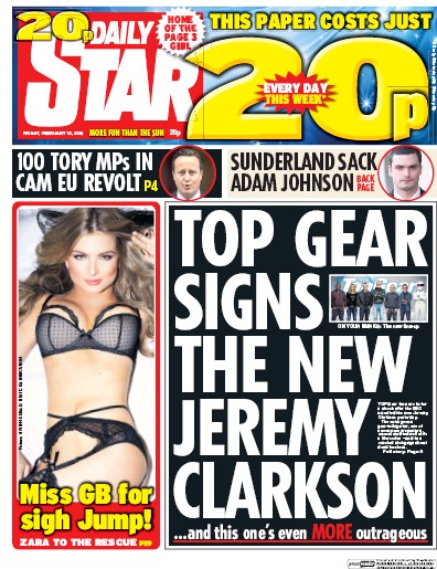 Daily Star Newspaper Front Page (UK) for 12 February 2016