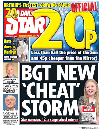 Daily Star Newspaper Front Page (UK) for 12 April 2016