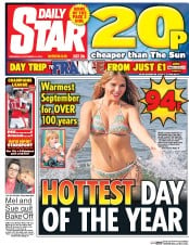 Daily Star (UK) Newspaper Front Page for 14 September 2016