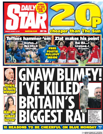 Daily Star Newspaper Front Page (UK) for 16 January 2017