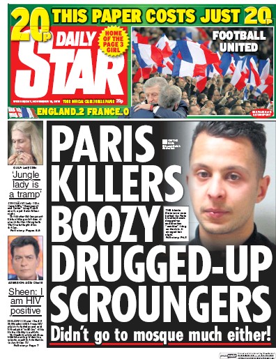 Daily Star Newspaper Front Page (UK) for 18 November 2015