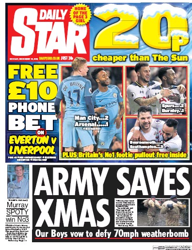 Daily Star Newspaper Front Page (UK) for 19 December 2016