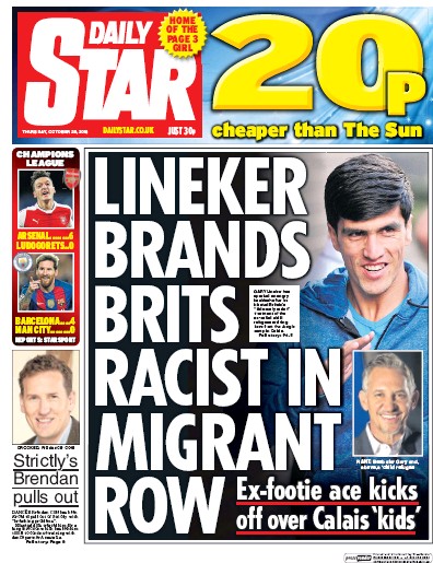 Daily Star Newspaper Front Page (UK) for 20 October 2016