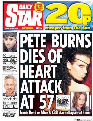 Daily Star Newspaper Front Page (UK) for 25 October 2016