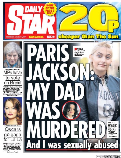 Daily Star Newspaper Front Page (UK) for 25 January 2017