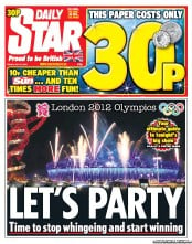 Daily Star Newspaper Front Page (UK) for 27 July 2012