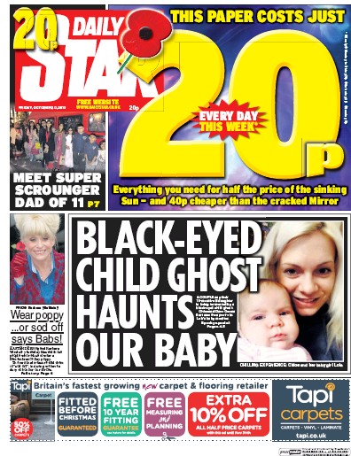 Daily Star Newspaper Front Page (UK) for 30 October 2015