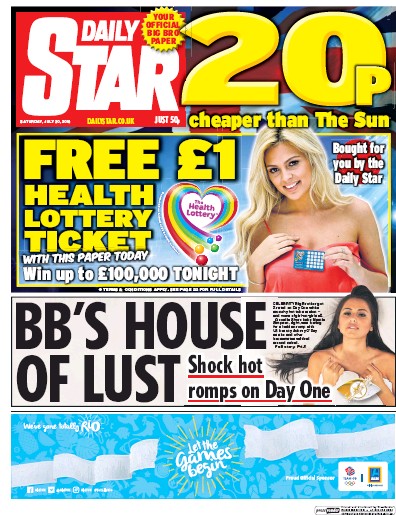 Daily Star Newspaper Front Page (UK) for 30 July 2016