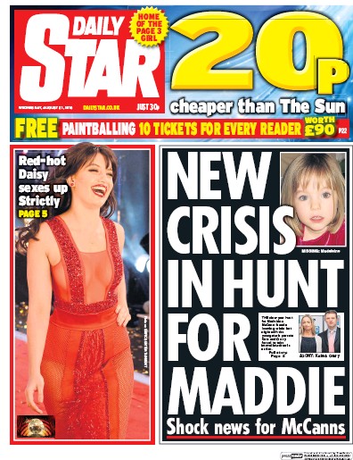 Daily Star Newspaper Front Page (UK) for 31 August 2016