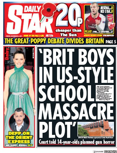 Daily Star Newspaper Front Page (UK) for 3 November 2017
