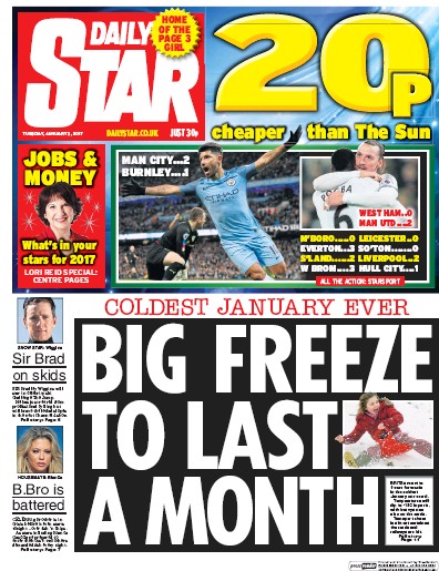 Daily Star Newspaper Front Page (UK) for 3 January 2017