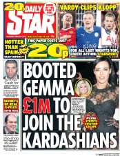 Daily Star (UK) Newspaper Front Page for 3 February 2016