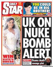 Daily Star (UK) Newspaper Front Page for 3 May 2011