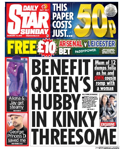 Daily Star Sunday Newspaper Front Page (UK) for 14 February 2016
