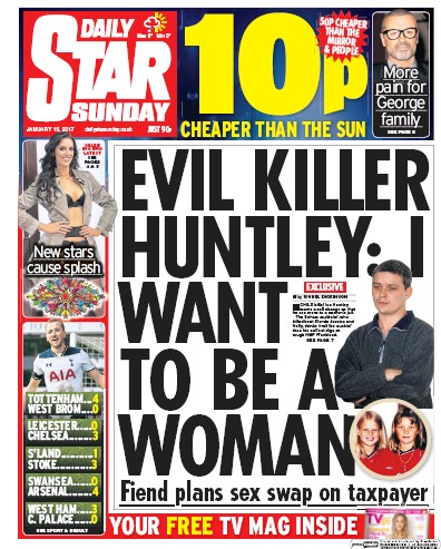 Daily Star Sunday Newspaper Front Page (UK) for 15 January 2017