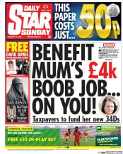 Daily Star Sunday (UK) Newspaper Front Page for 17 January 2016