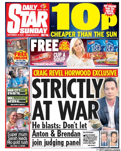 Daily Star Sunday Newspaper Front Page (UK) for 18 September 2016